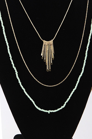 Simple Triple Layered Long Necklace With Fringes And Beads 6BAJ1